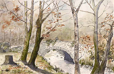 David Wood painting of a bridge in the woods